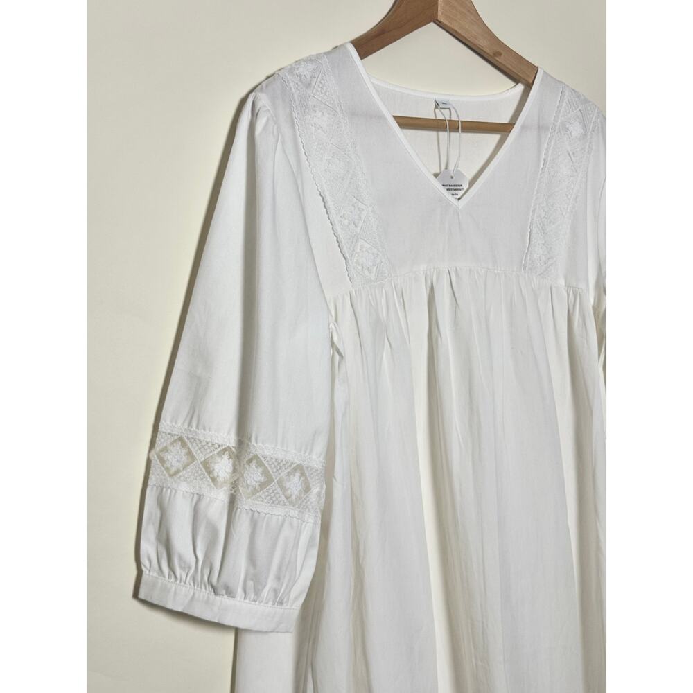 White Babydoll Mini Dress XL Lace Embroidery Boho Honeymoon Romantic Cottagecore - Picture 3 of 5